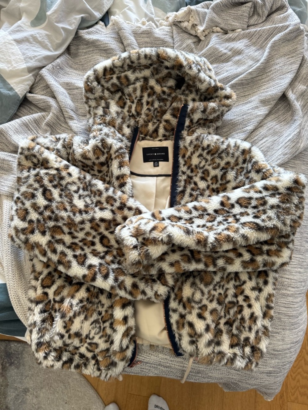 Lucky Brand Leopard Print Faux Fur Hooded Jacket in Brown and Cream